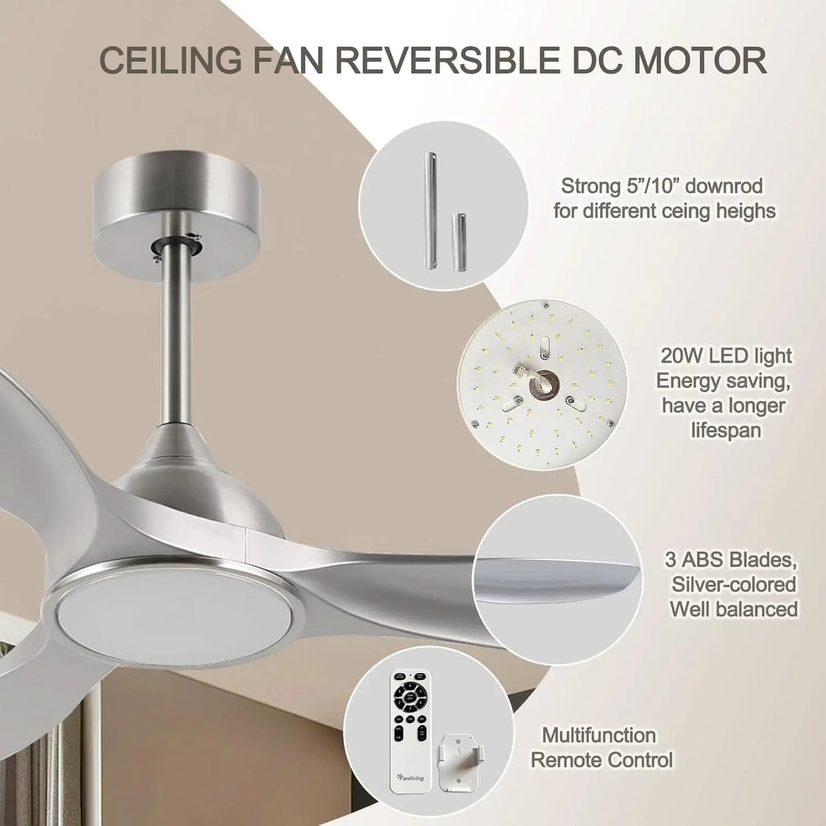 52 Inch Quiet DC Motor Ceiling Fan With LED Lights Remote Control from PriceLows™
