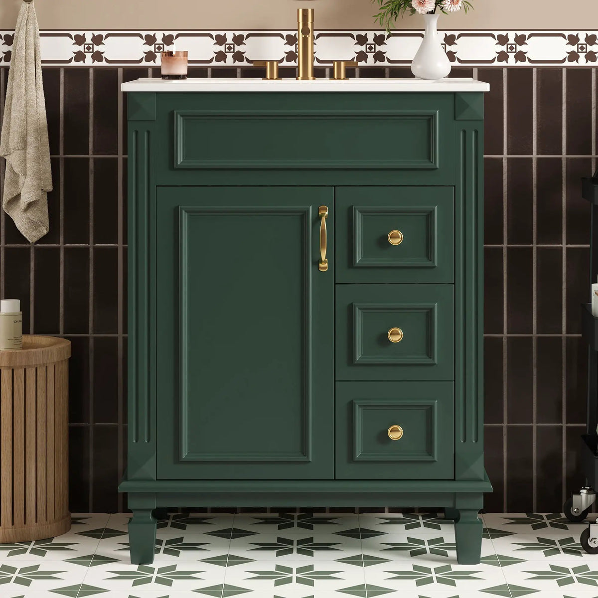 24 Inch Compact Bathroom Vanity | 2 Deep Drawers | Adjustable Shelf | Retro Button Handles
