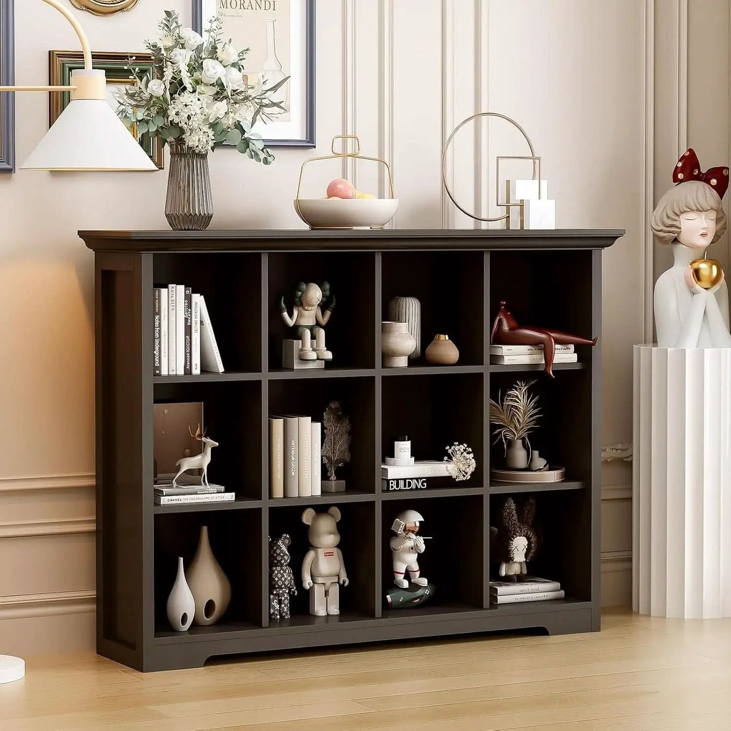 Cube Storage Bookcase With Base Black 12 Cube Lattice Open Shelves from PriceLows™