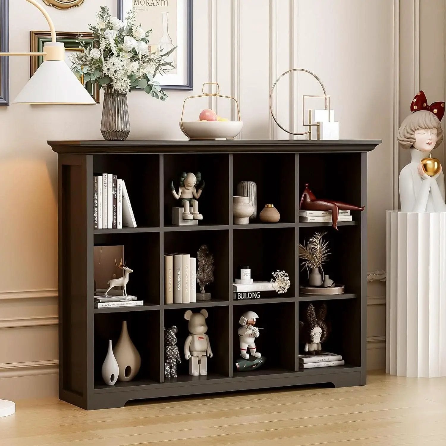 Cube Storage Bookcase With Base Black 12 Cube Lattice Open Shelves from PriceLows™