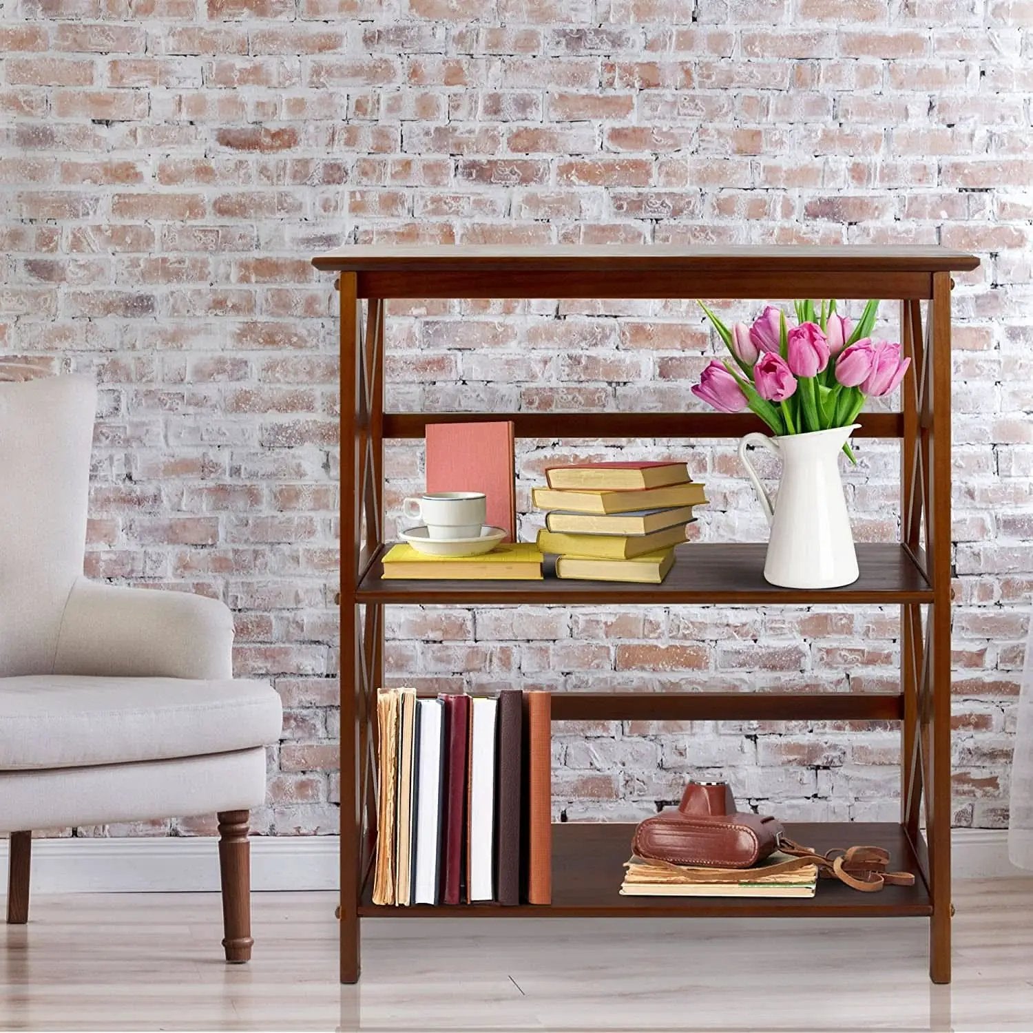 Shelf Bookcase With X Design Three Shelf Storage For Books from PriceLows™