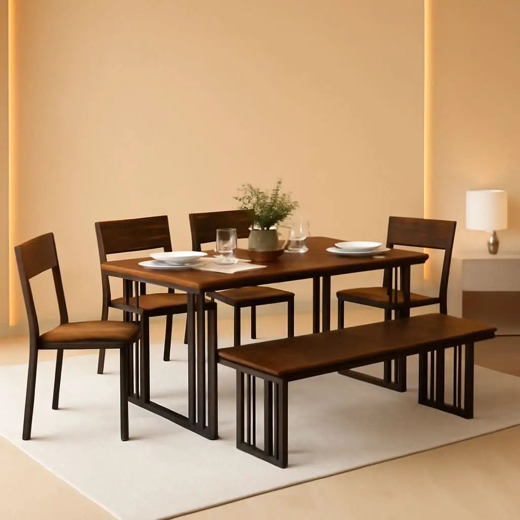 63 Inches Luxurious Farmhouse Dining Table Set Walnut from PriceLows™