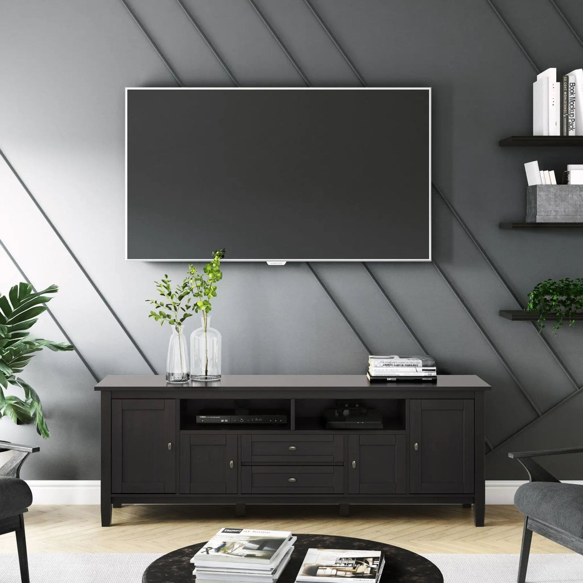 Warm Shaker TV Media Stand | 72 x 17.5 x 26 in | Solid Wood | Hickory Brown