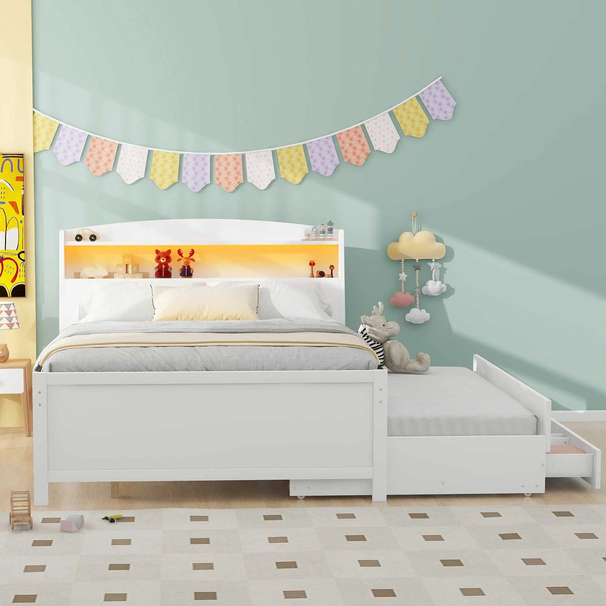Full Size Platform Bed | LED Headboard Storage | Twin Trundle | 3 Drawers White