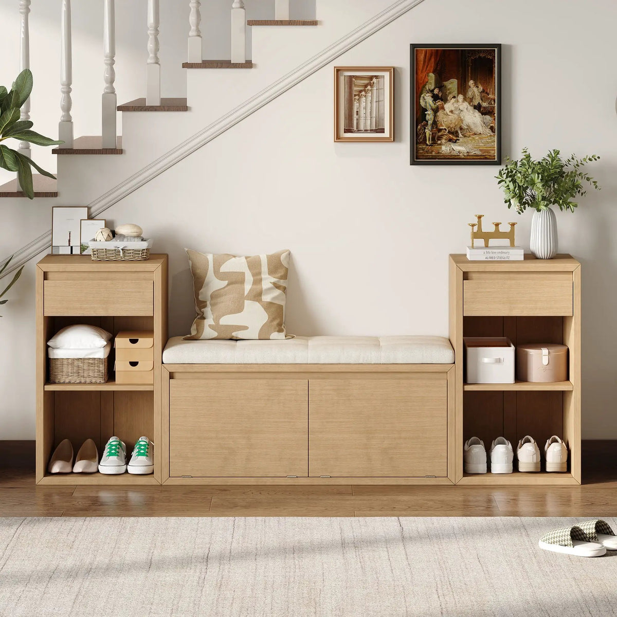 Entryway Storage Bench | Flip Top Compartment | Pine Wood Frame