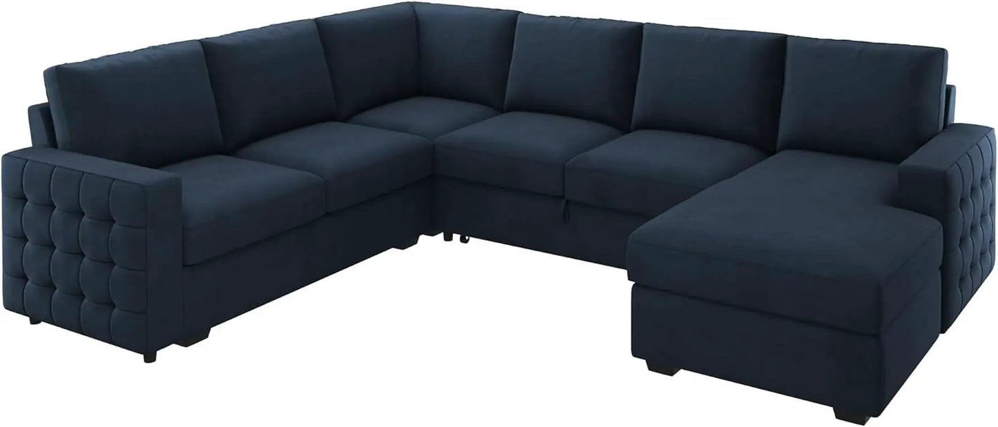Blue Velvet U Shaped Sleeper Sofa With Pull Out Bed from PriceLows™