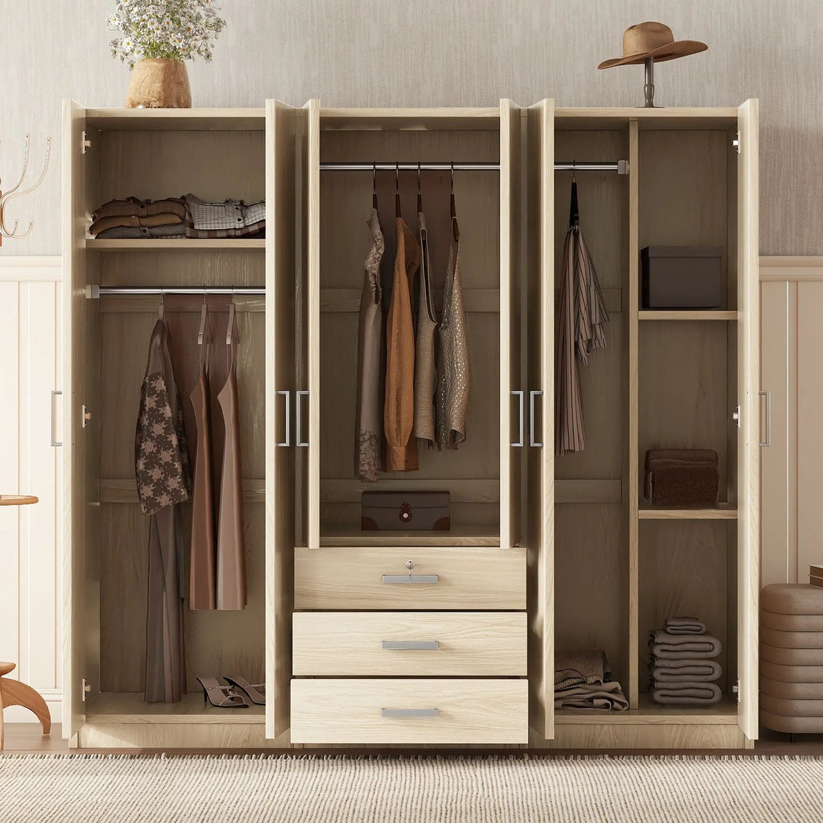 6 Door Wardrobe | Bedroom Storage | Big Drawers | 70.9 Inch Width
