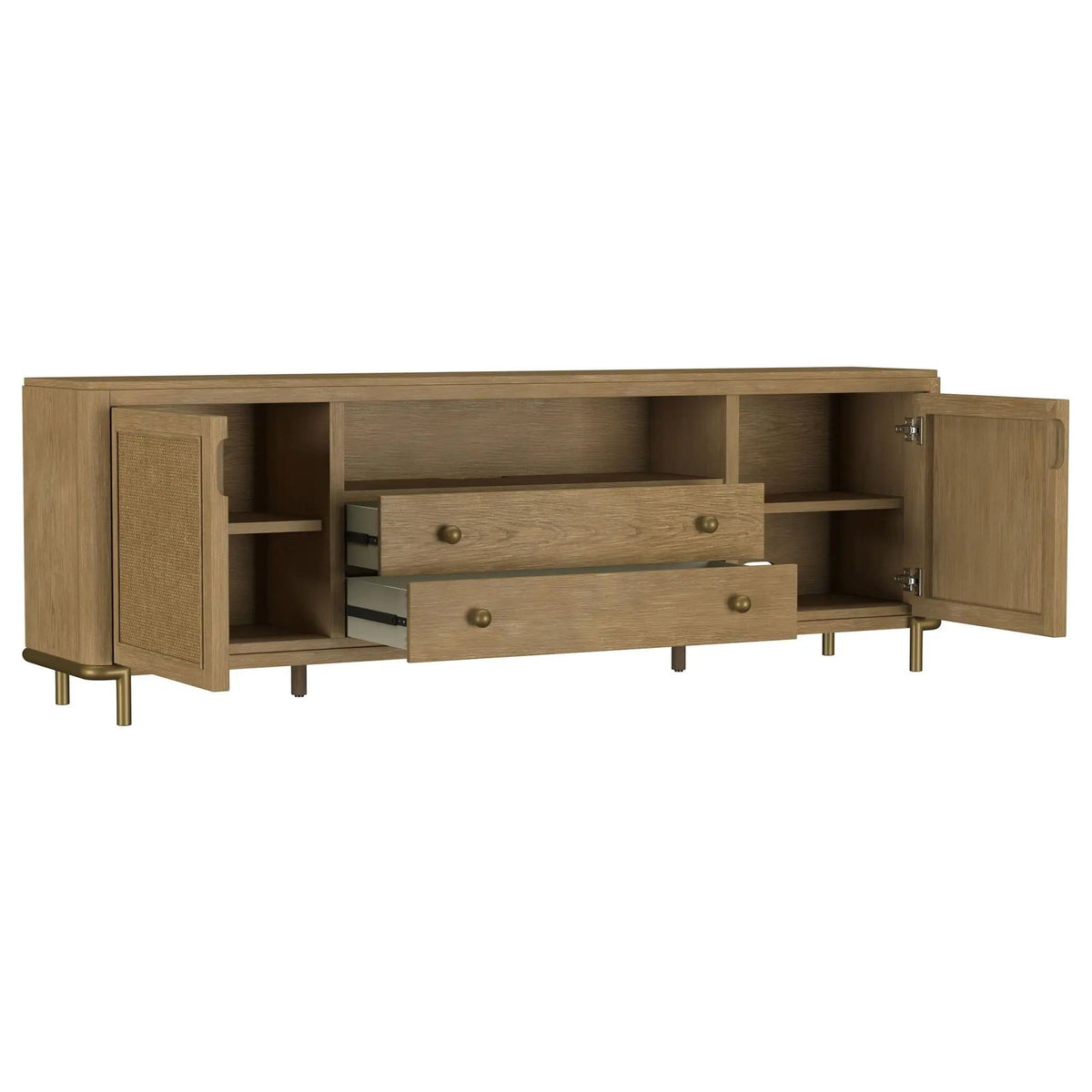 Arini Rattan Cane 2-door TV Stand Media Console Sand Wash | 79.5 x 16 x 26 in | Rattan & Metal | Living Room