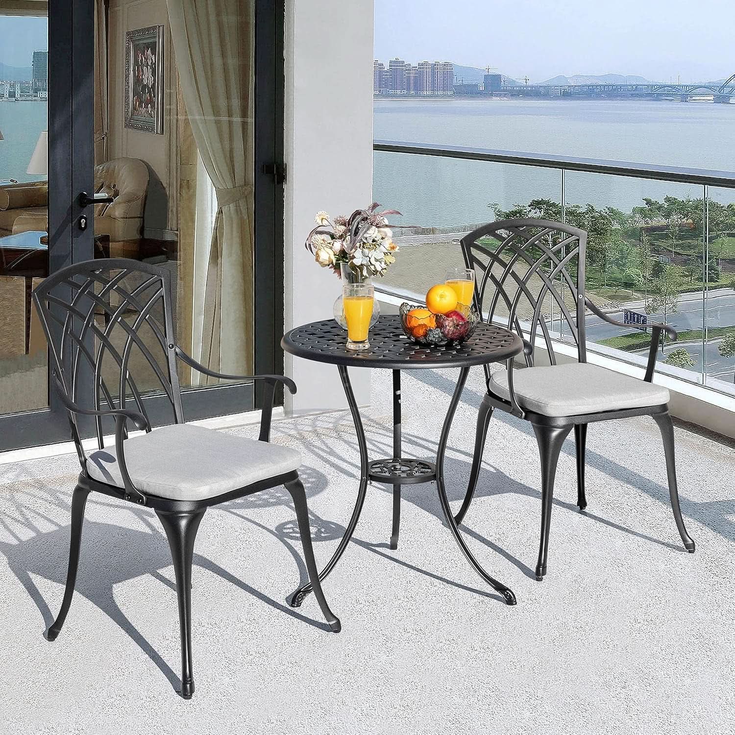 Outdoor Cast Aluminum Bistro Set 3 Piece With Umbrella Hole Gray Cushions from PriceLows™