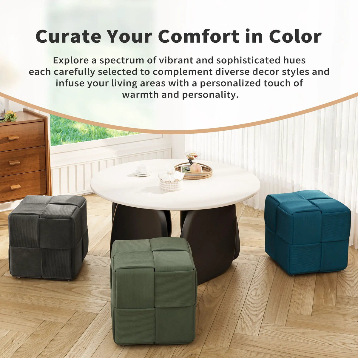 Modern Ottoman Foot Rest | Woven Design | Engineered Wood Frame | 14.2 Inch Cube