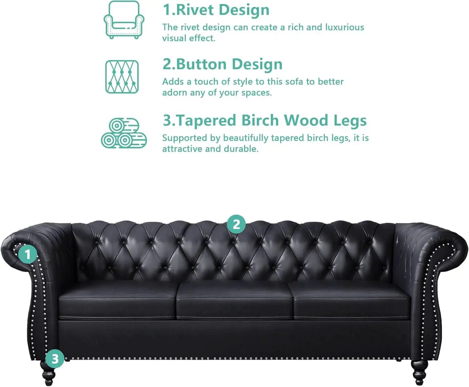 3 Piece Living Room Set Sectional Chesterfield Sofa Chair Artificial Leather Black from PriceLows™