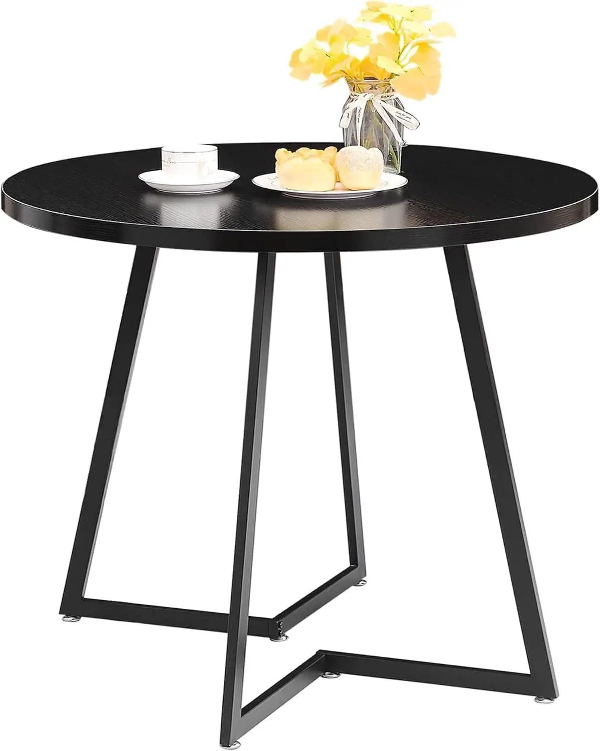 Round Black Woodgrain Top Dining Table With Steel Frame from PriceLows™
