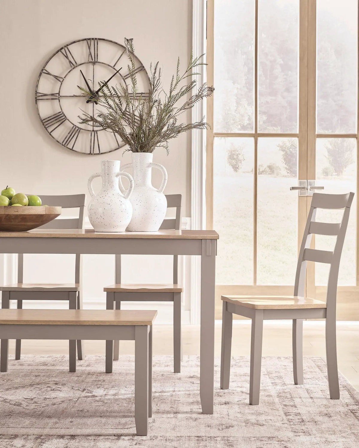 Dining Table Set | 6 Piece | Natural Gray Finish | With Bench And Chairs