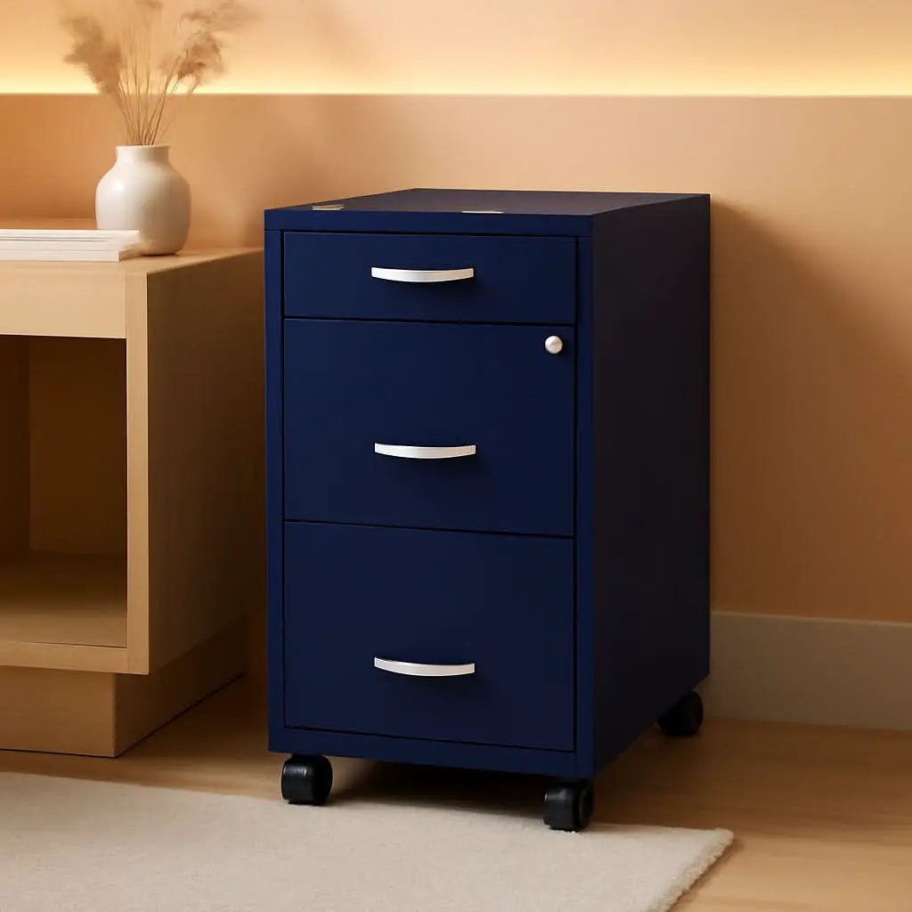 18 Inch Deep 3 Drawer Mobile Metal File Cabinet Navy With Cam Lock For Office Organization from PriceLows™