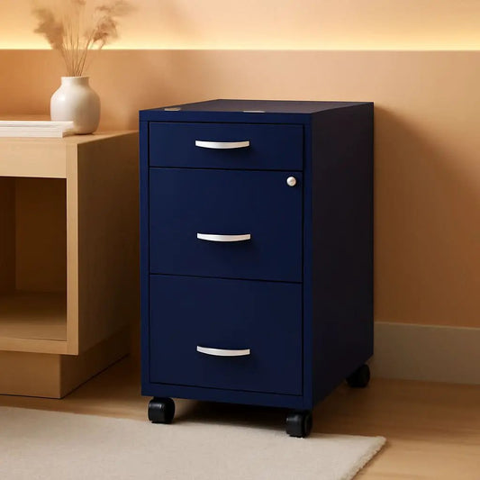 18 Inch Deep 3 Drawer Mobile Metal File Cabinet Navy With Cam Lock For Office Organization from PriceLows™