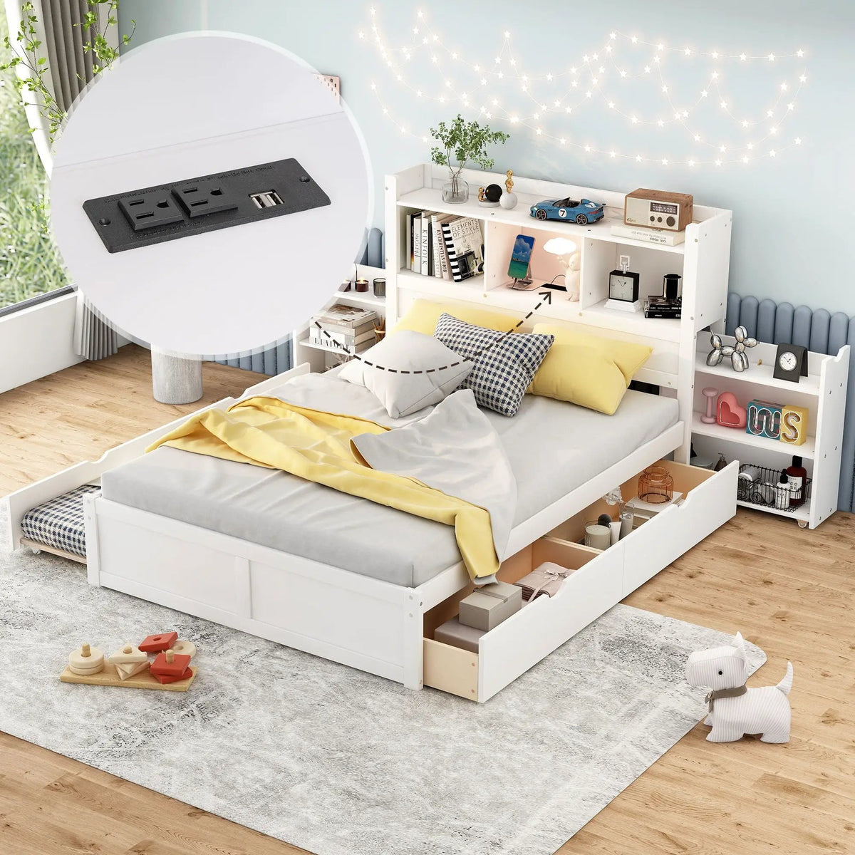 Storage Platform Bed | Solid Pine Wood | Trundle Base | 2 Drawer Storage