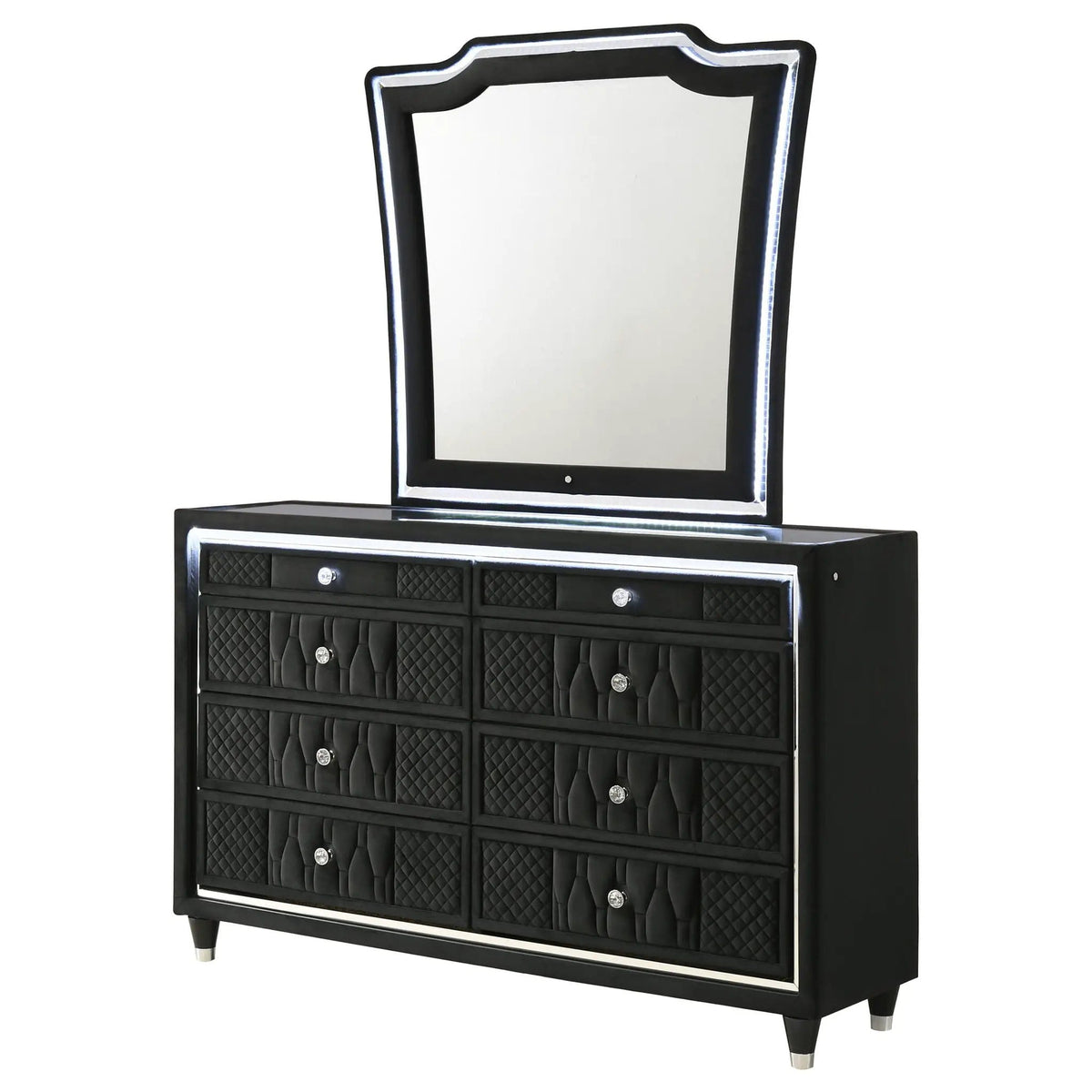 Lorient 8-drawer LED Dresser with Mirror | 60.5 x 16 x 38.25 in | Rubberwood & Velvet | Black