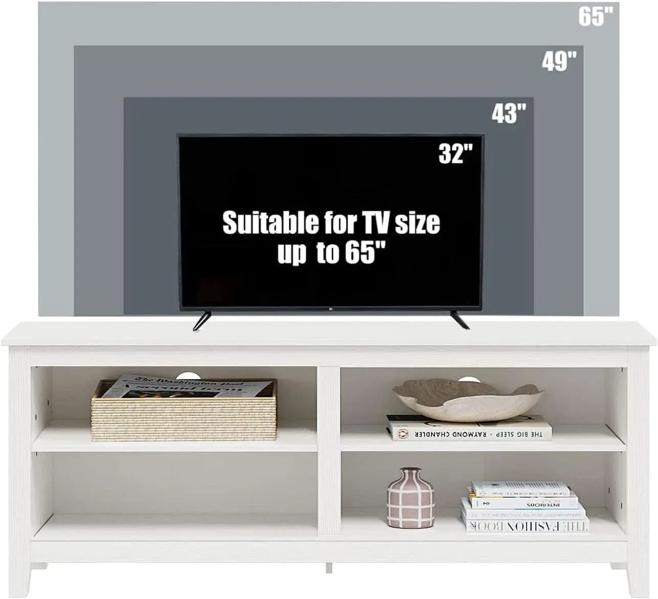 65 Inch TV Stand With Open Storage Shelves White Cabinet from PriceLows™