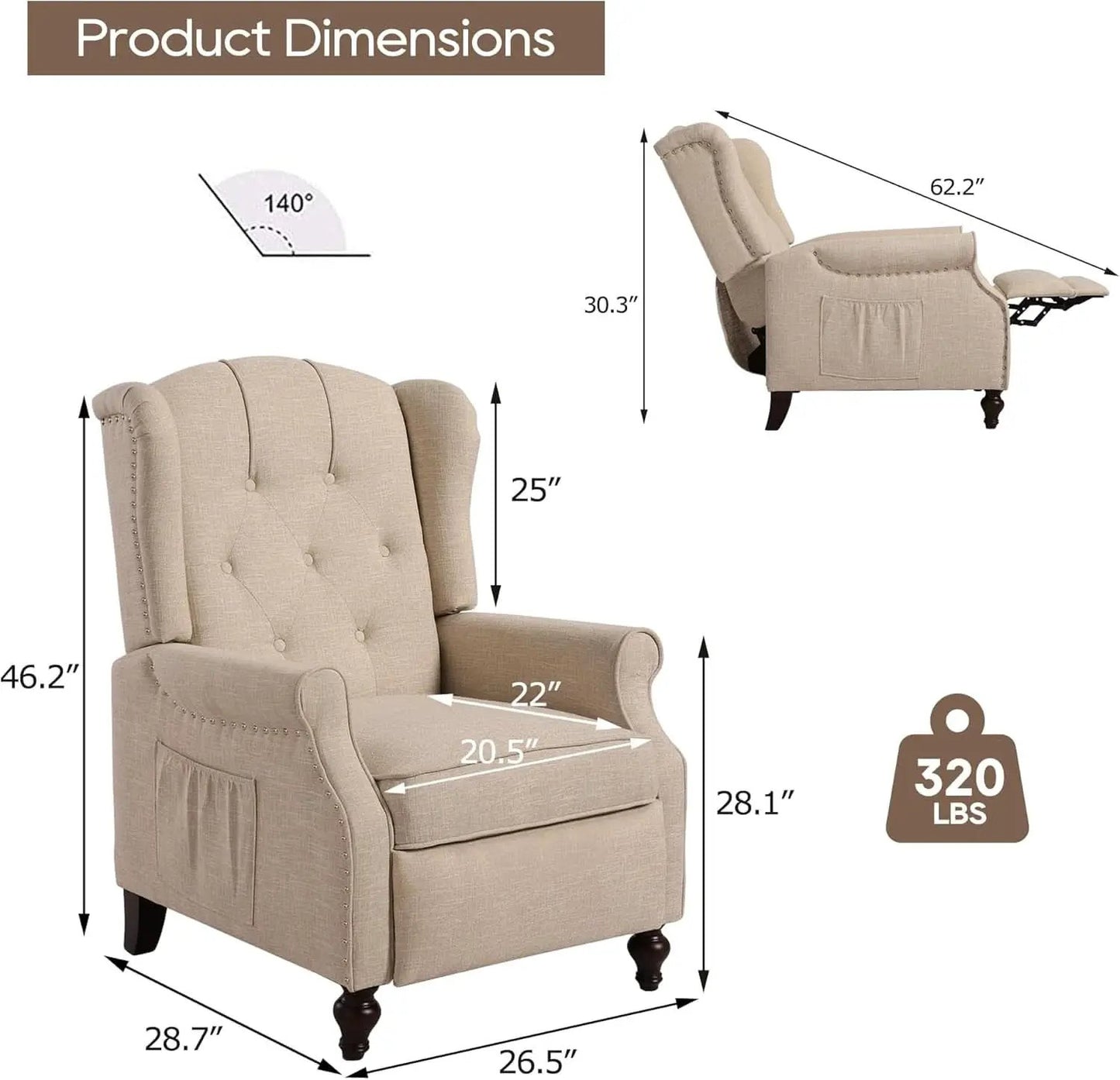 Wingback Recliner Chair With Massage And Heat Tufted Fabric from PriceLows™