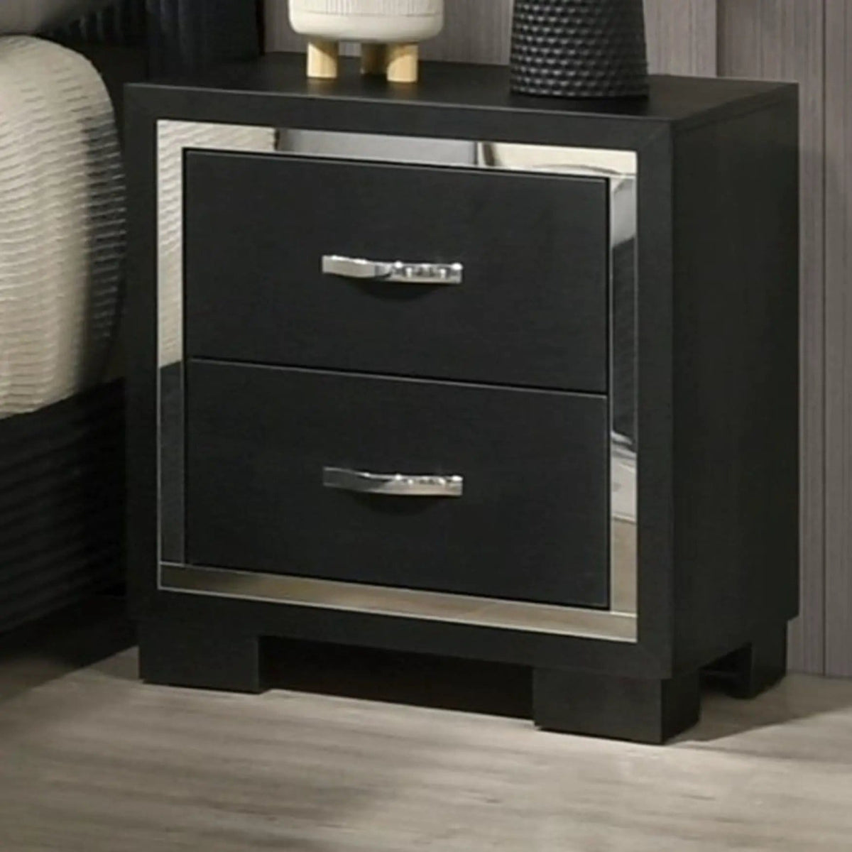 2 Drawer Bedroom Nightstand With Handles - | 21.5 x 16.1 x 23.7 in | Metal & Wood | Black