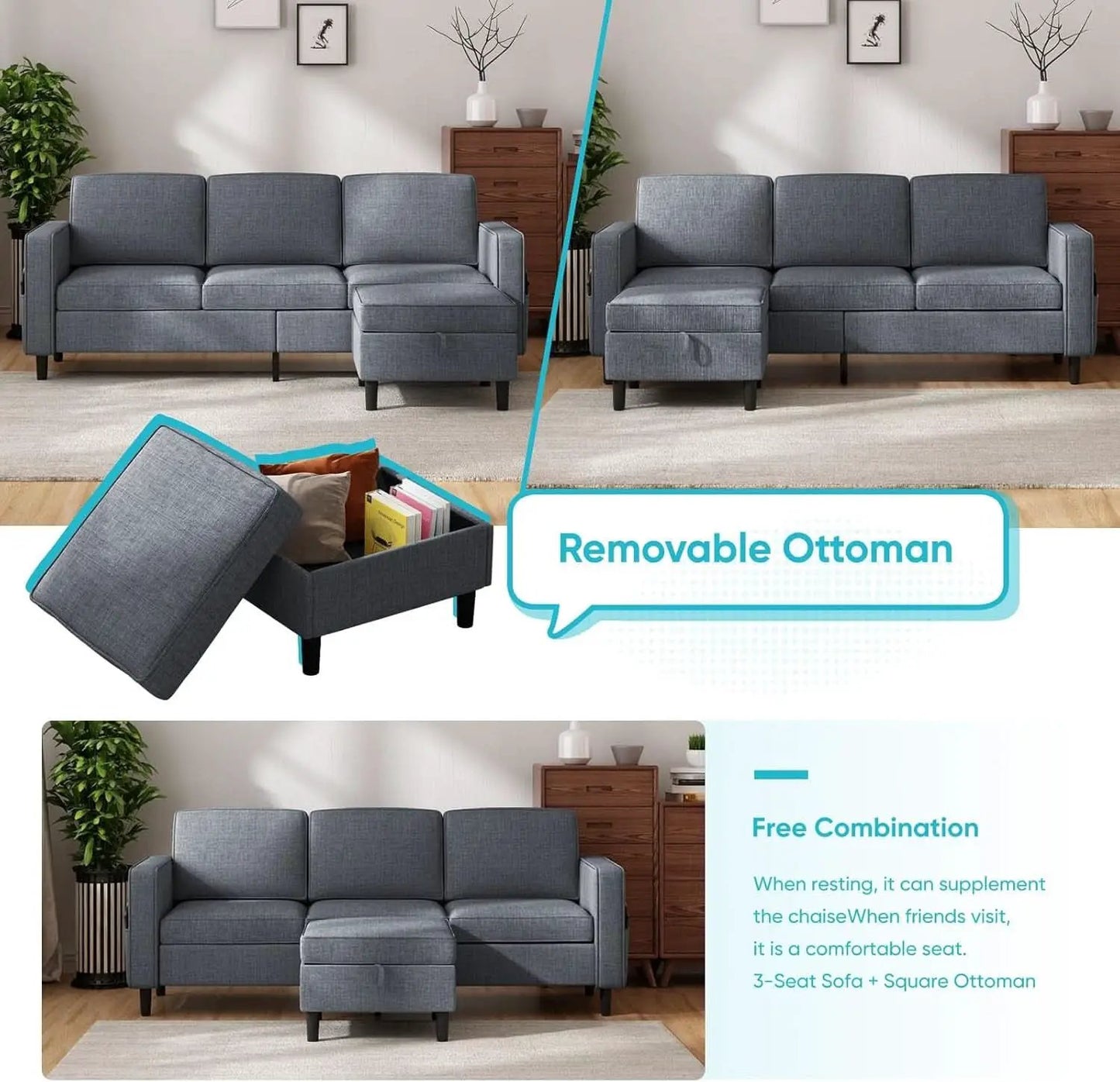 6 Seater Sectional Sofa In Dark Grey Linen With Ottoman from PriceLows™
