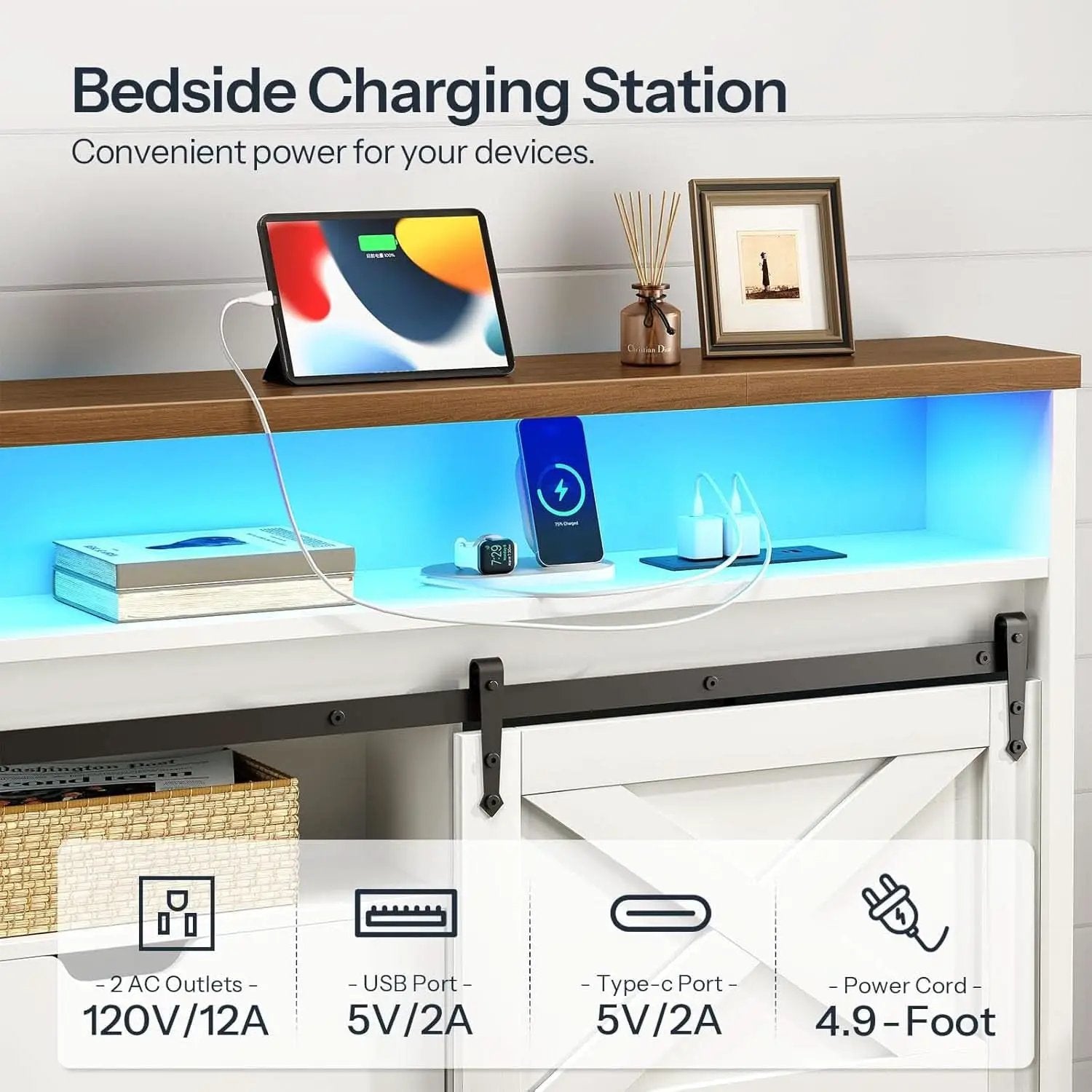Farmhouse Queen Headboard with Storage and Charging Station from PriceLows™