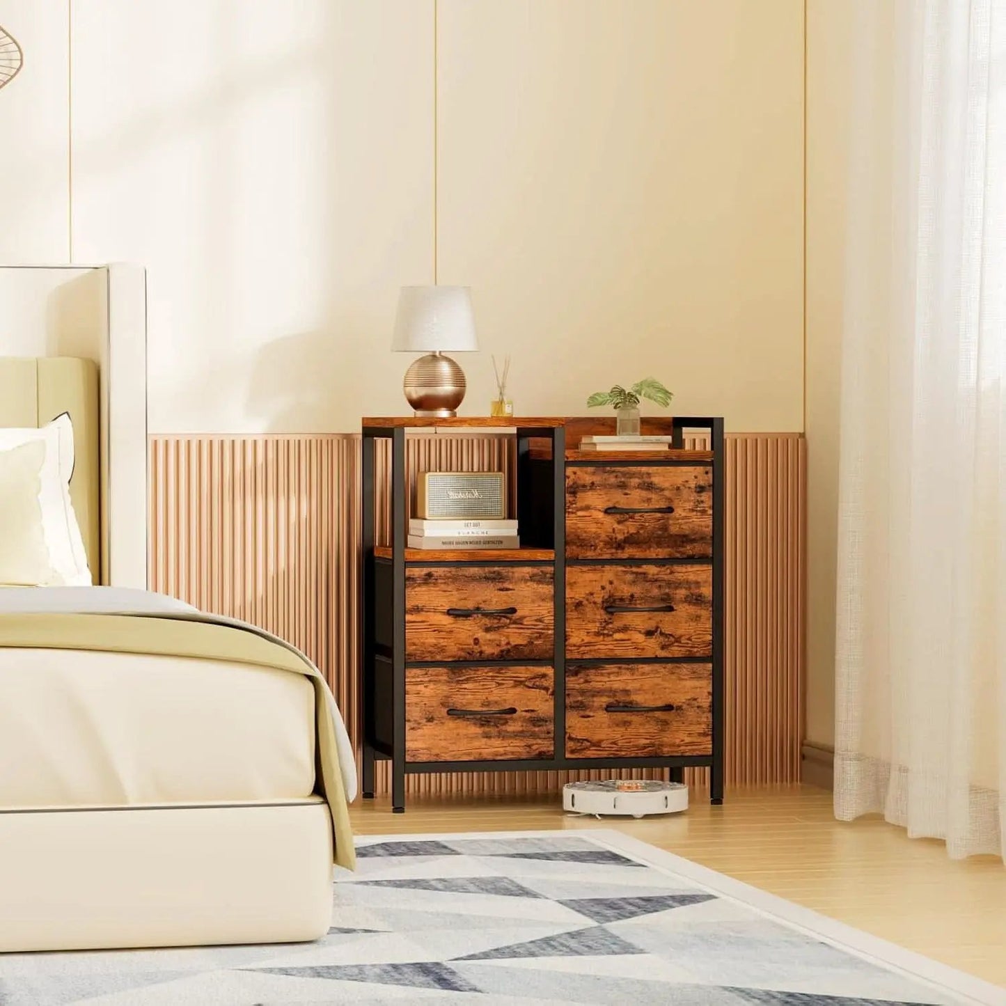 5 Drawer Rustic Brown Dresser With Metal Frame For Bedroom from PriceLows™