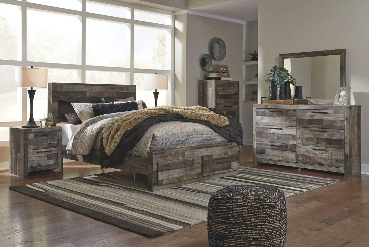 Derekson Panel Bedroom Set | 4-Piece | Rustic Butcher Block Finish | Replicated Pine Grain