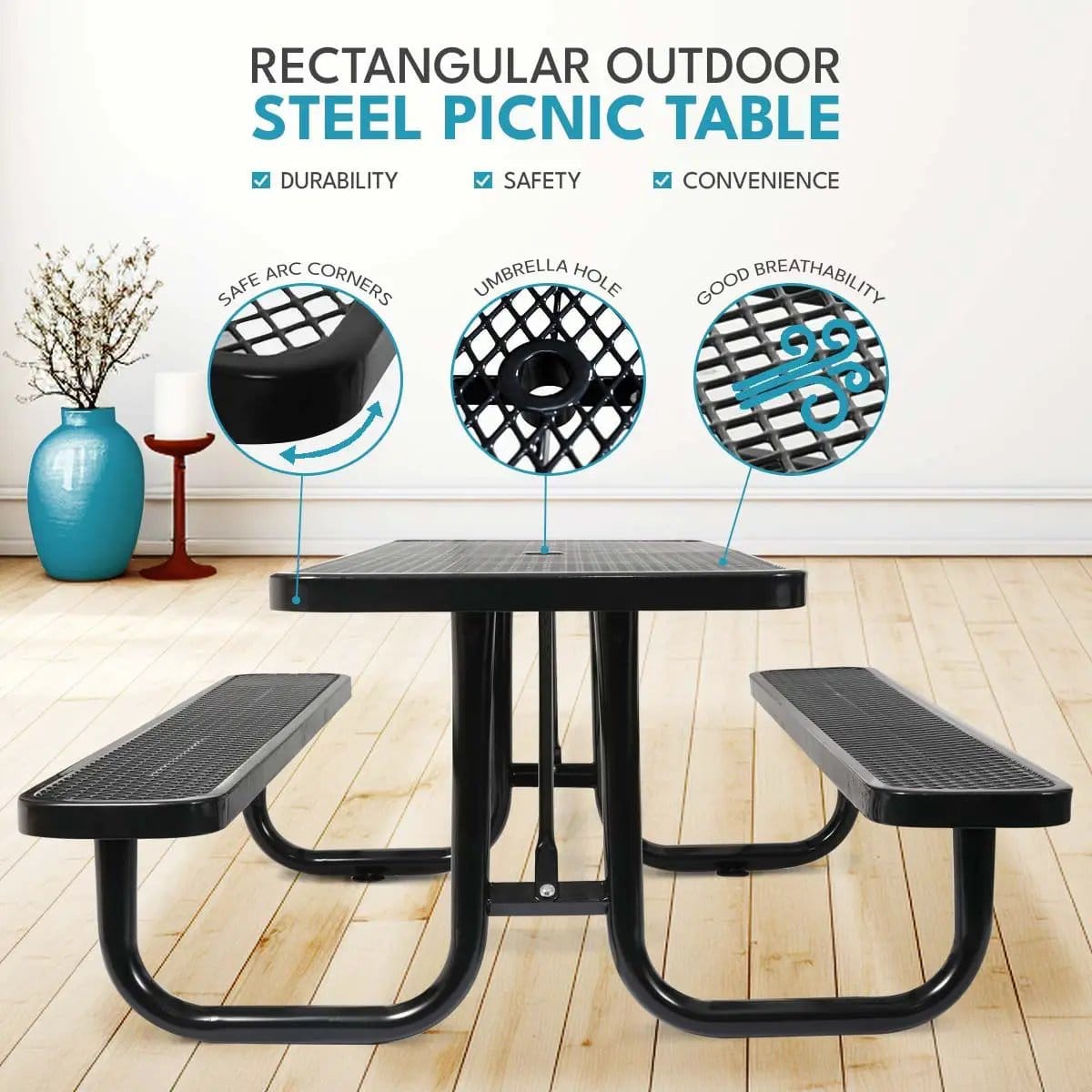 Outdoor Steel Picnic Rectangular Table With Umbrella Pole | 3 Pieces | Steel & Metal | Dining Room