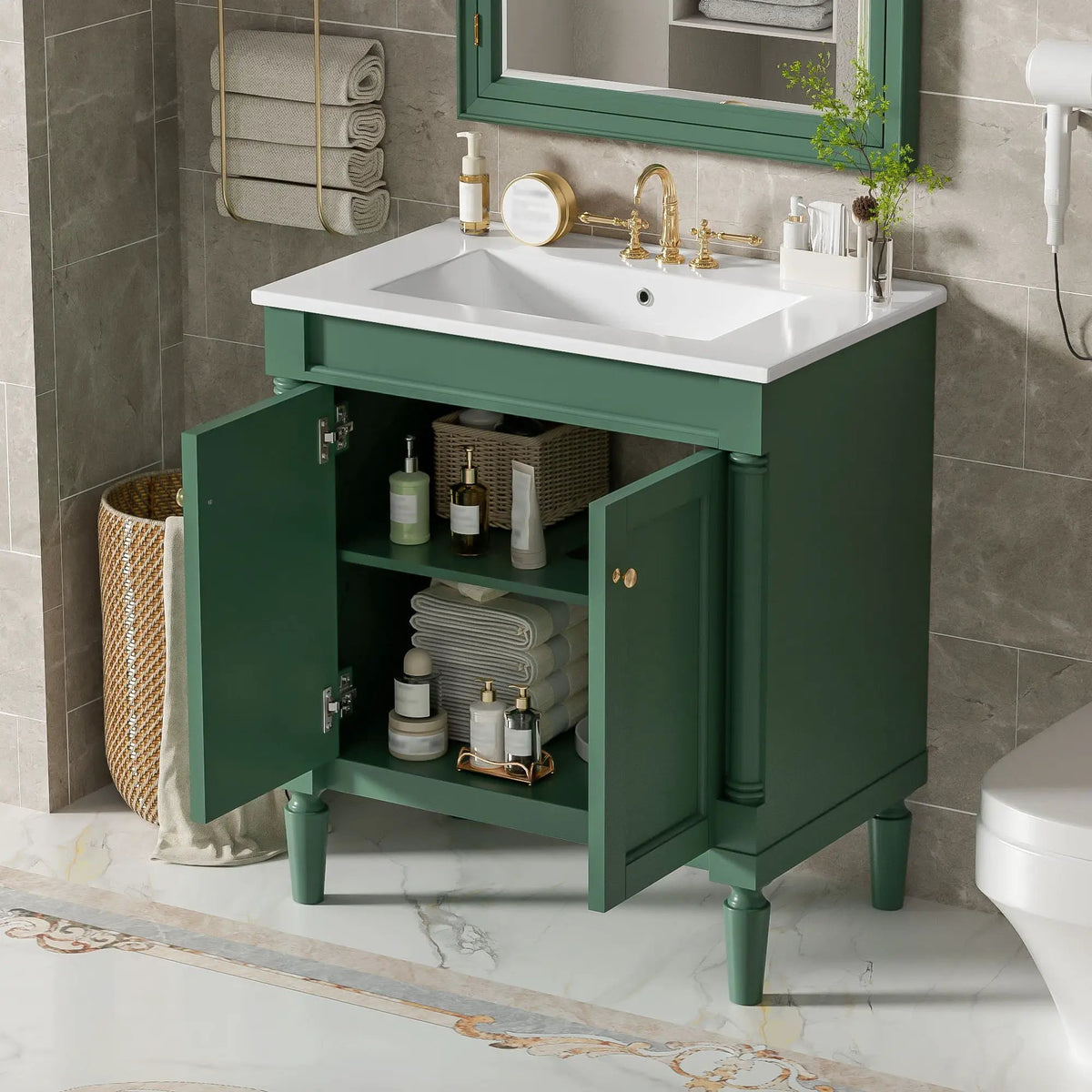 30 Inch Bathroom Vanity With Sink | Soft Close Doors | Carved French Detailing | Adjustable Shelf