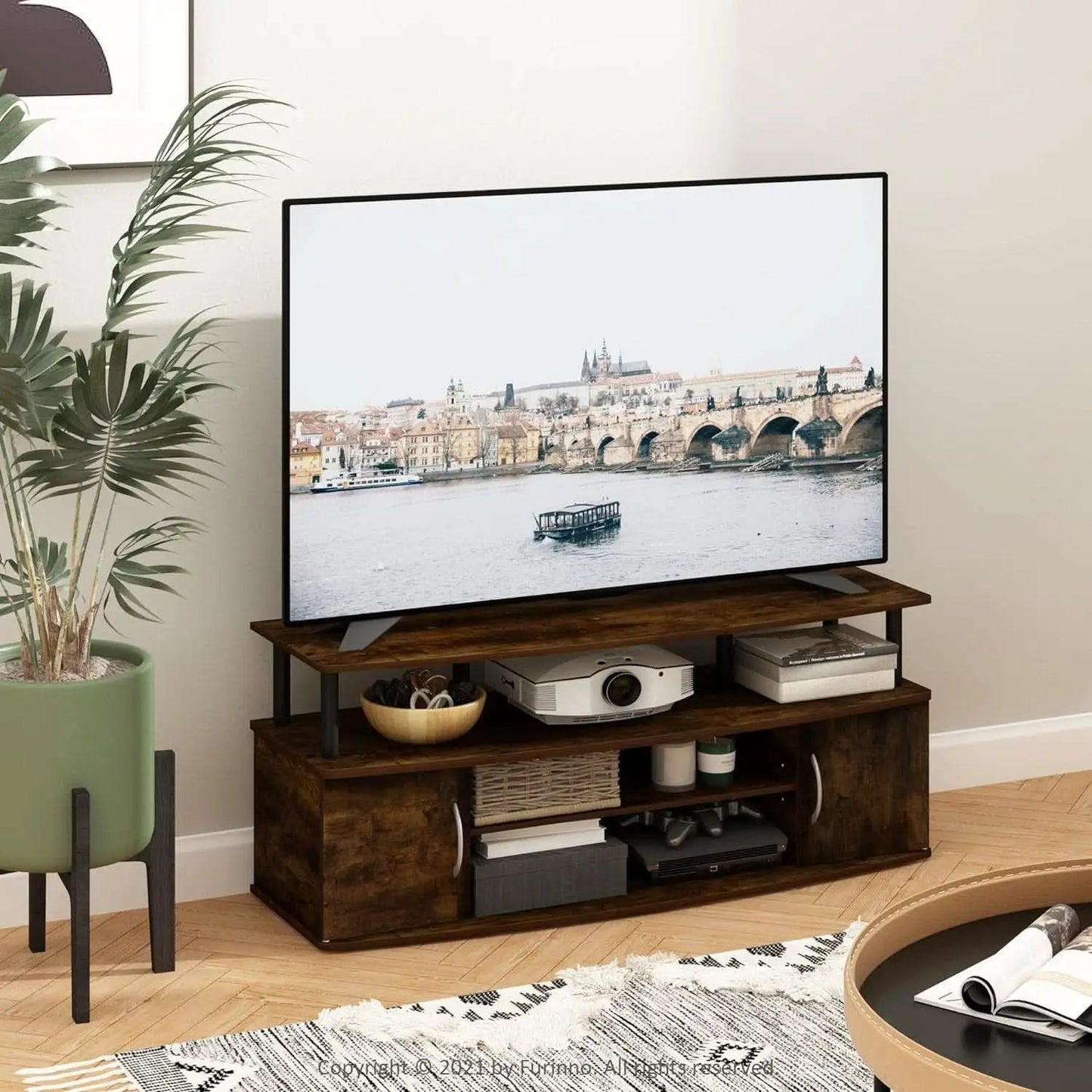 Jaya Amber Pine TV Stand for 55 Inch TV Open Shelves Black from PriceLows™