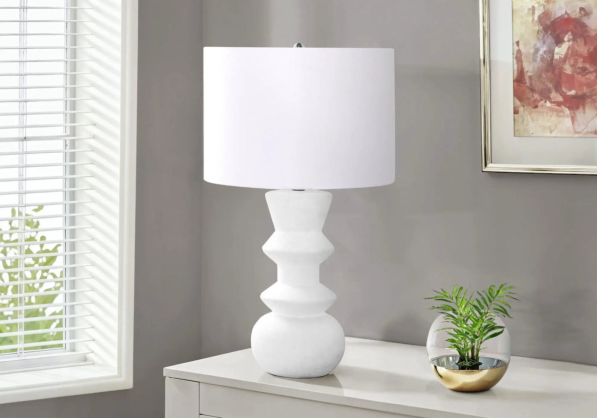 Ceramic Table Lamp | 26 Inch Height | Geometric Base | Ivory Fabric Shade And 3-Way Switch