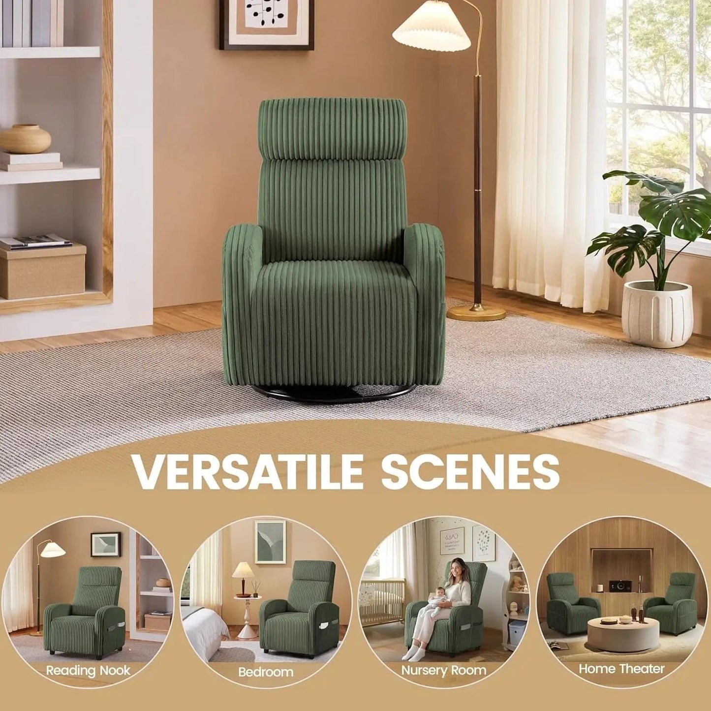 Corduroy Dark Green High-Back Armchair With Pockets from PriceLows™
