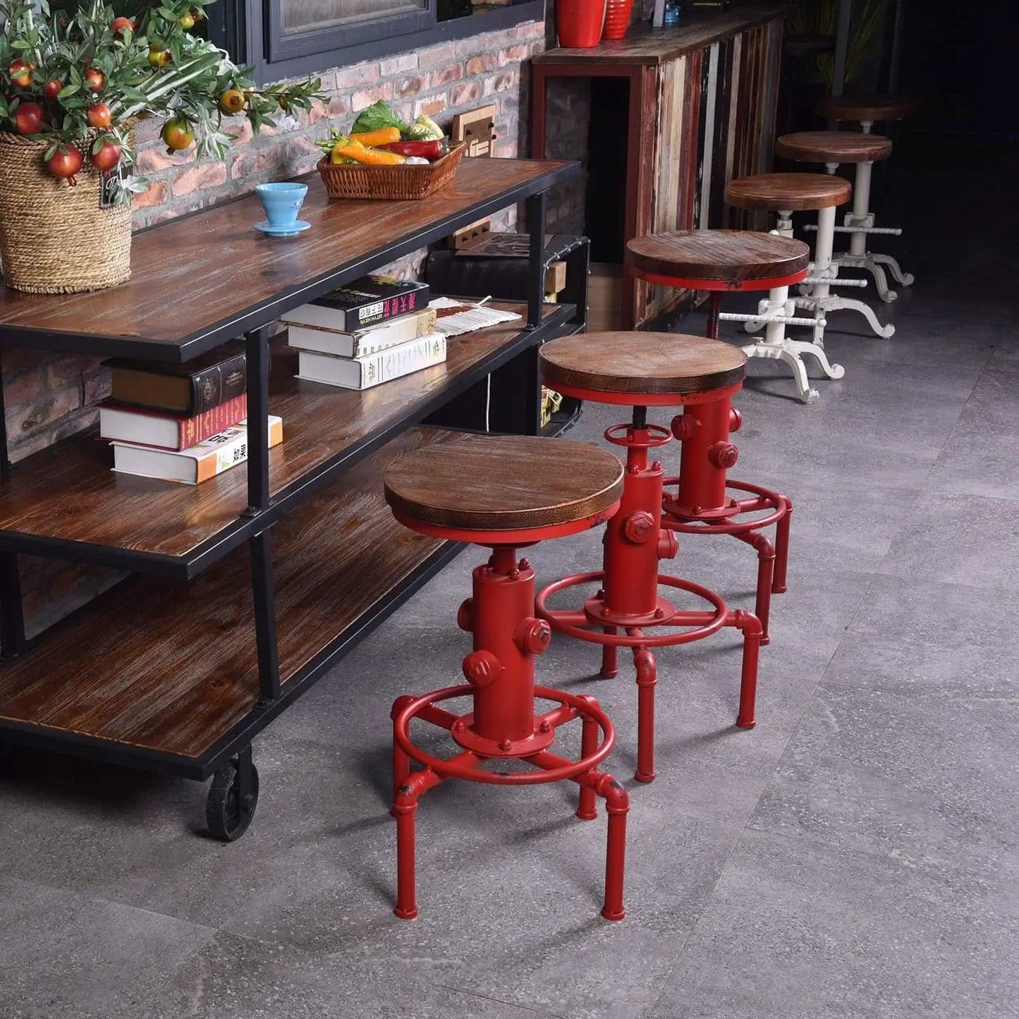 Antique Industrial Barstools Set With Adjustable Wooden Seats from PriceLows™