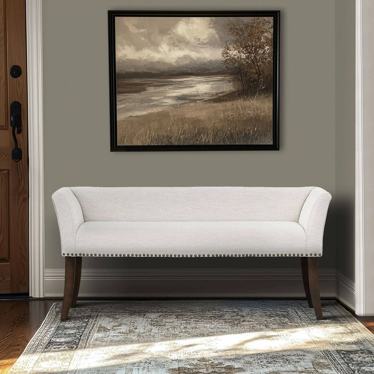 Welburn Upholstered Bench | Padded Low Back | Flared Arms | High-Density Foam And Fiber Fill