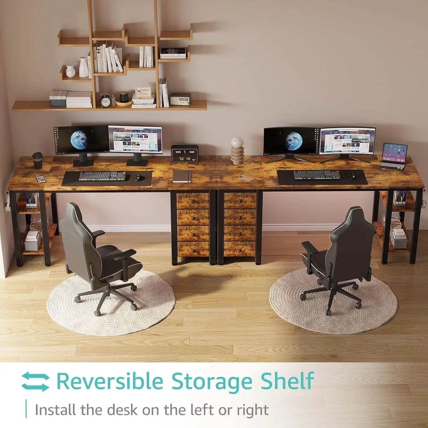 55 Inch Rustic Brown Computer Desk With 4 Fabric Drawers from PriceLows™