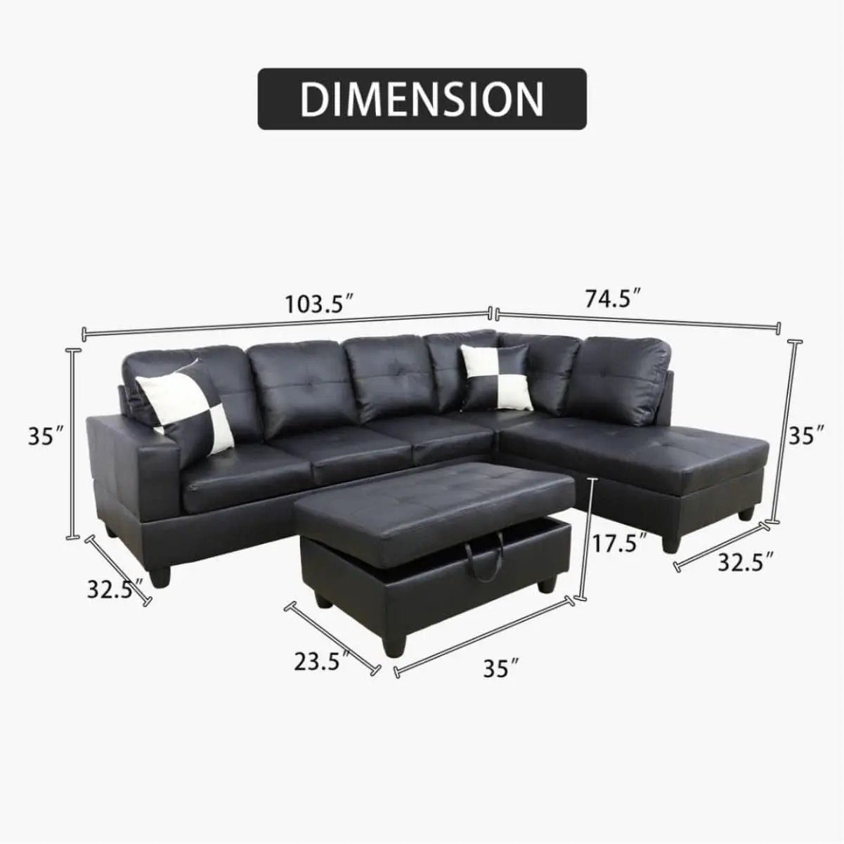 Black L Shaped 3 Piece Faux Leather Sofa Set With Storage Ottoman from PriceLows™