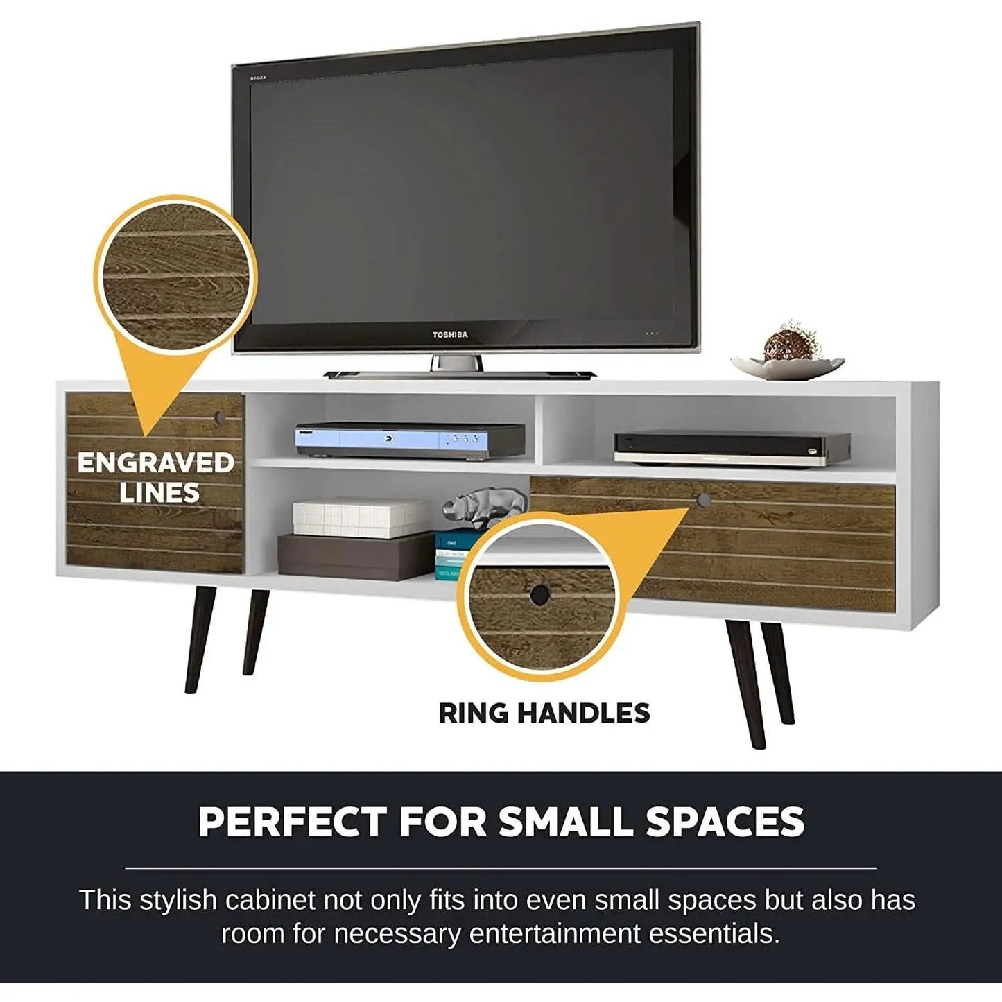 Mid Century TV Stand Solid Wood With Shelves And Cabinet from PriceLows™