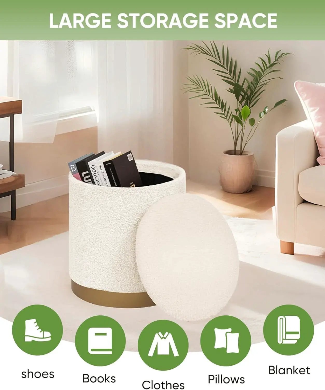 Round White Storage Space Ottoman Gold Plated Base Frame from PriceLows™