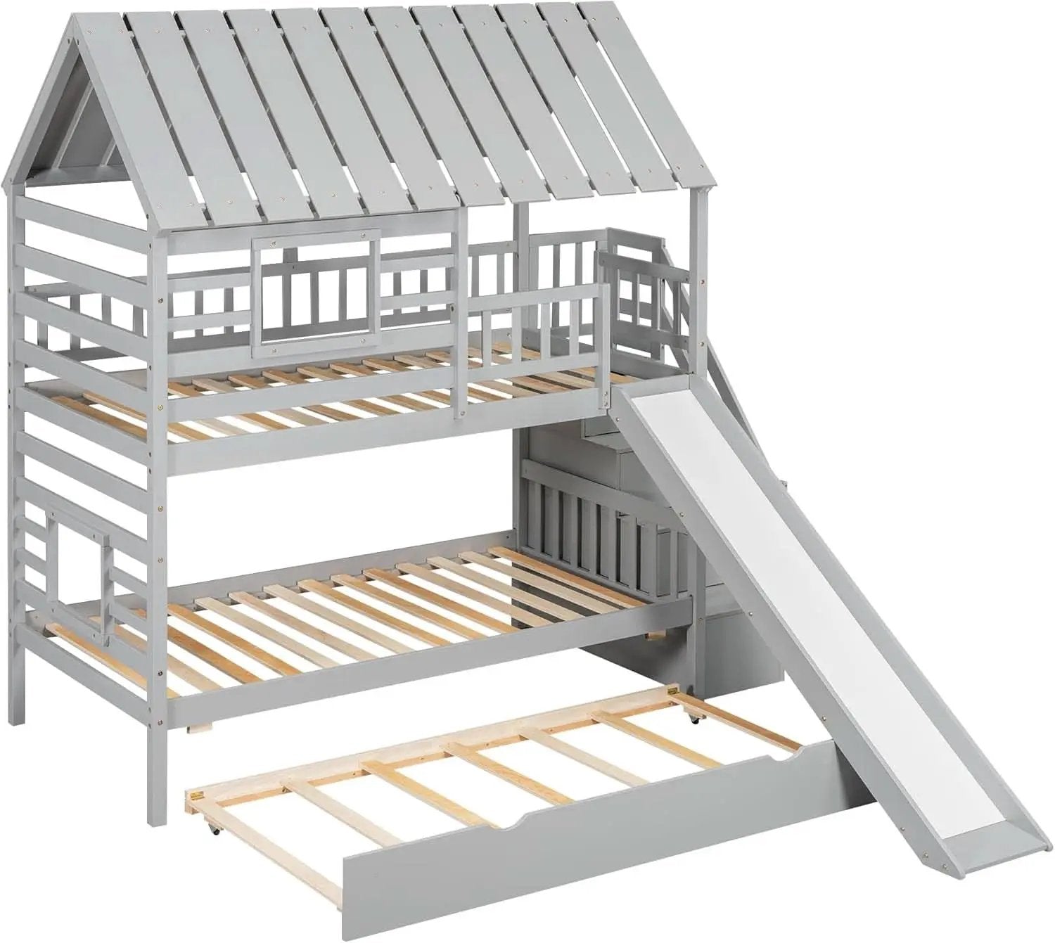 Twin Over Twin Bunk Bed With Slide For Kids Room Decor from PriceLows™
