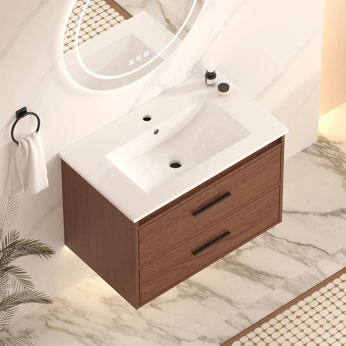 Wall Mounting Bathroom Vanity With Soft Close 2 Drawer, Sink Reddish | Vanity | Ceramic & Mdf | Brown