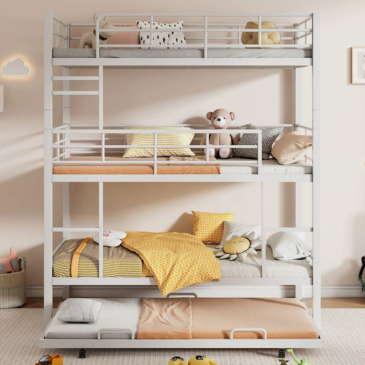 Triple Bunk Bed | Heavy Duty Steel | Built In Trundle | Full Guardrails