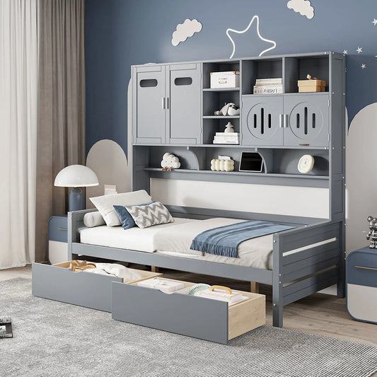 Daybed With All-In-One Cabinet And Shelf | 2 Pieces | Wood | Bedroom
