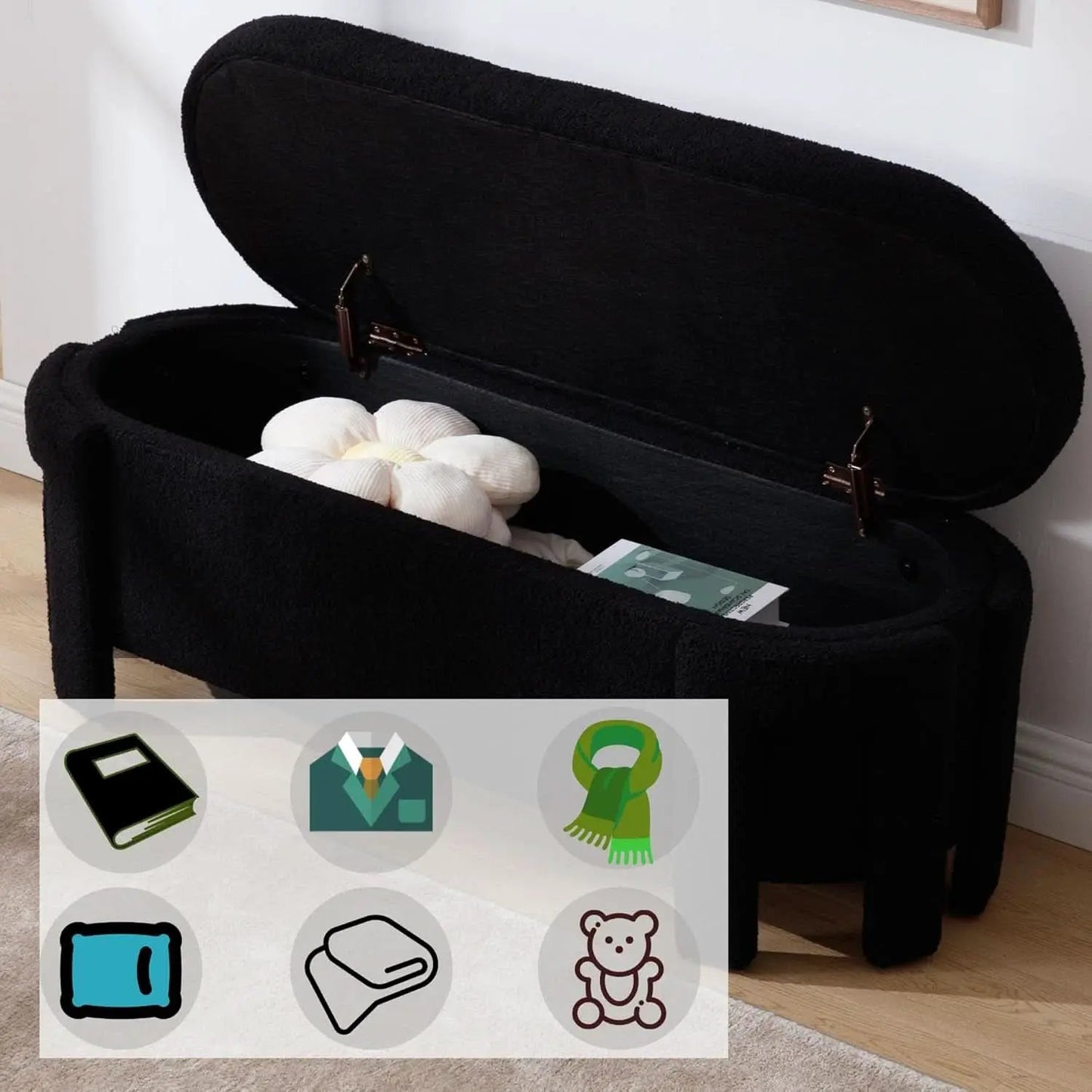 FiftyInch Sherpa Black Upholstered Storage Bench Ottoman from PriceLows™