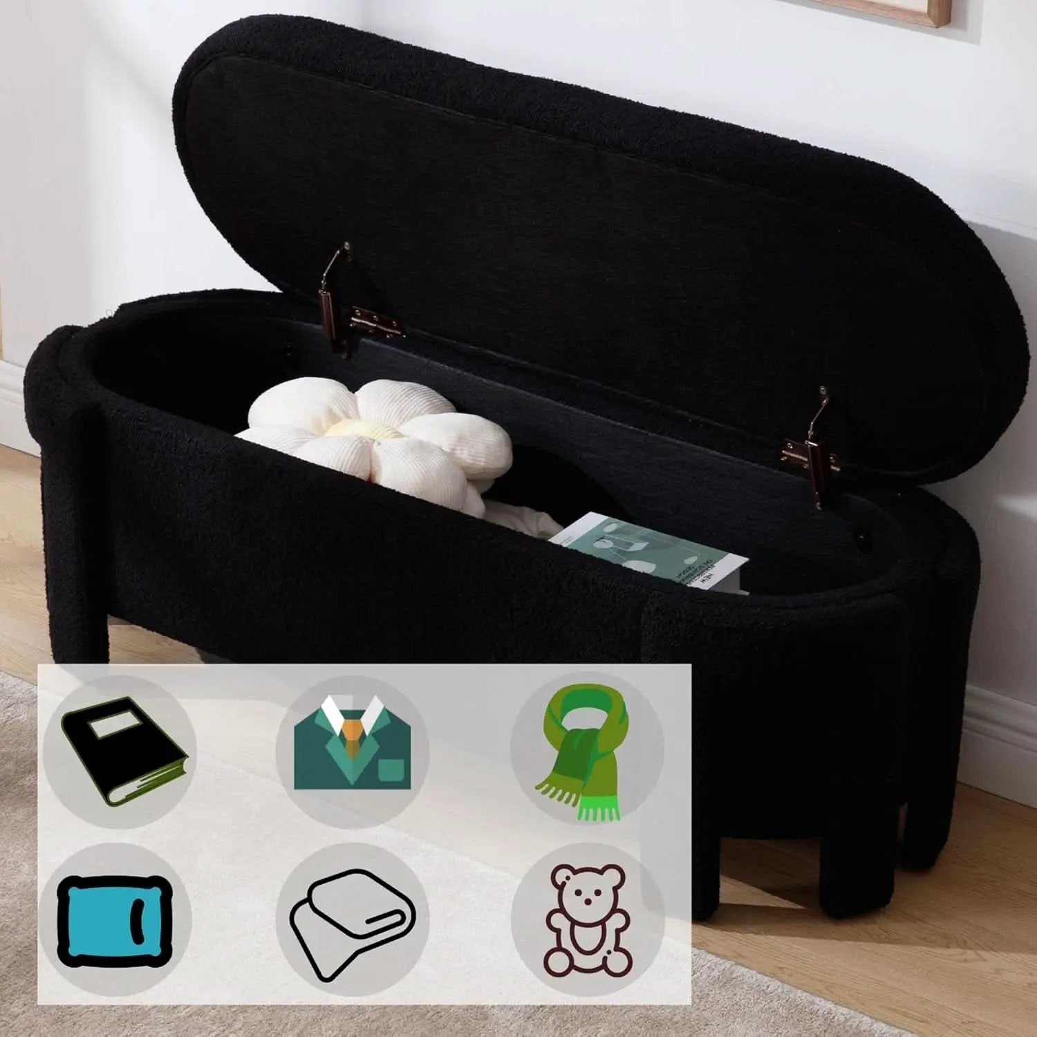 FiftyInch Sherpa Black Upholstered Storage Bench Ottoman from PriceLows™