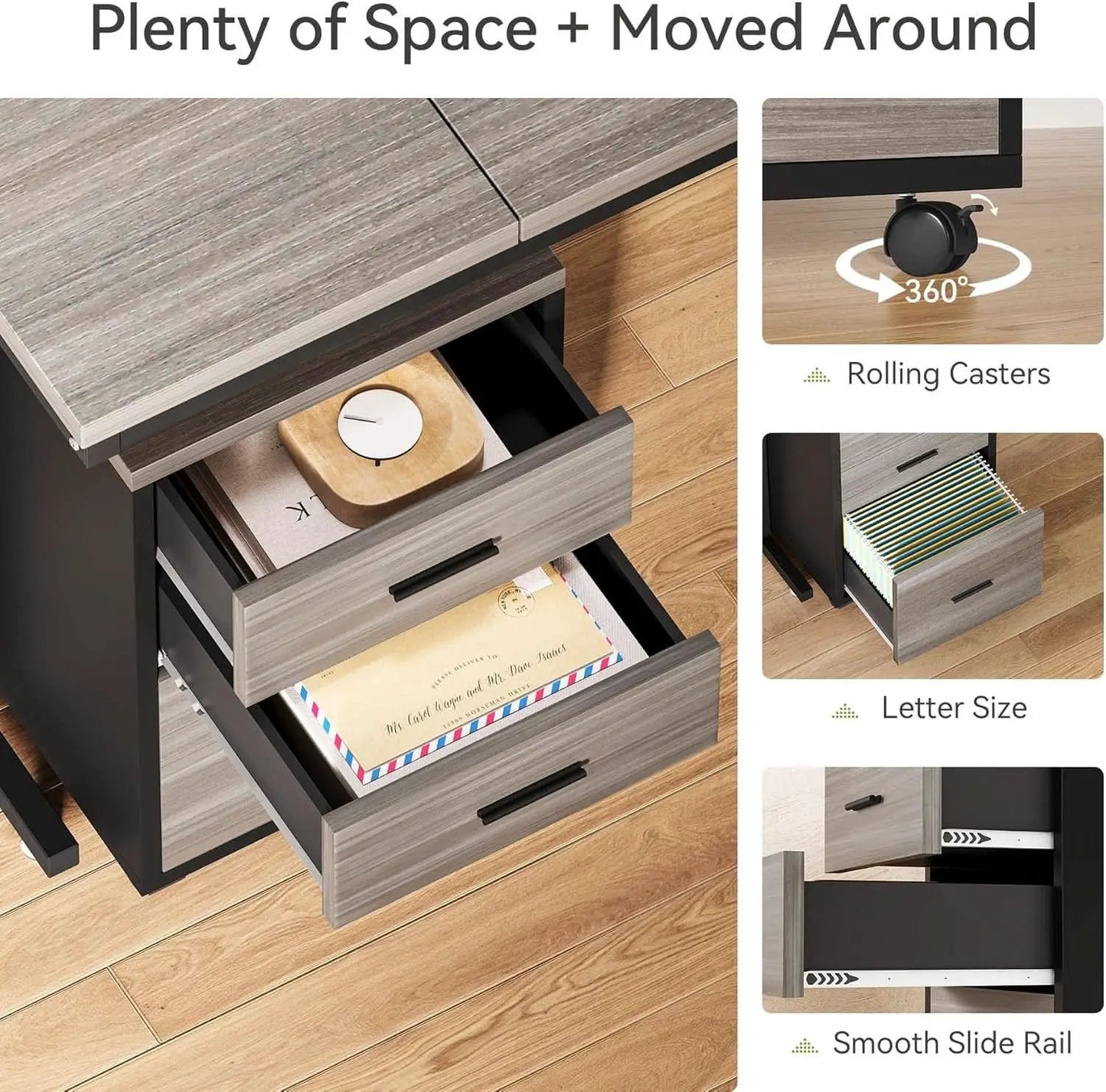 83in Gray Farmhouse L Shaped Desk With Mobile File Cabinet from PriceLows™
