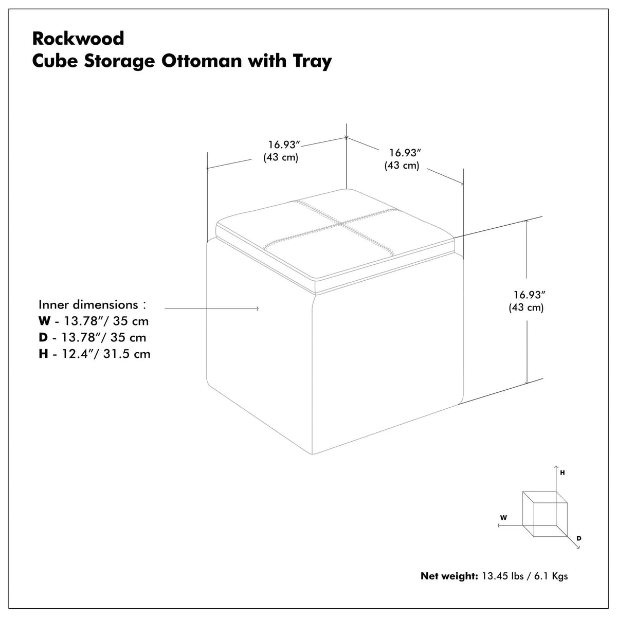 Rockwood Upholstered Cube Ottoman | Flip Over Serving Tray | Large Interior Storage | 16.9 Inch Cube