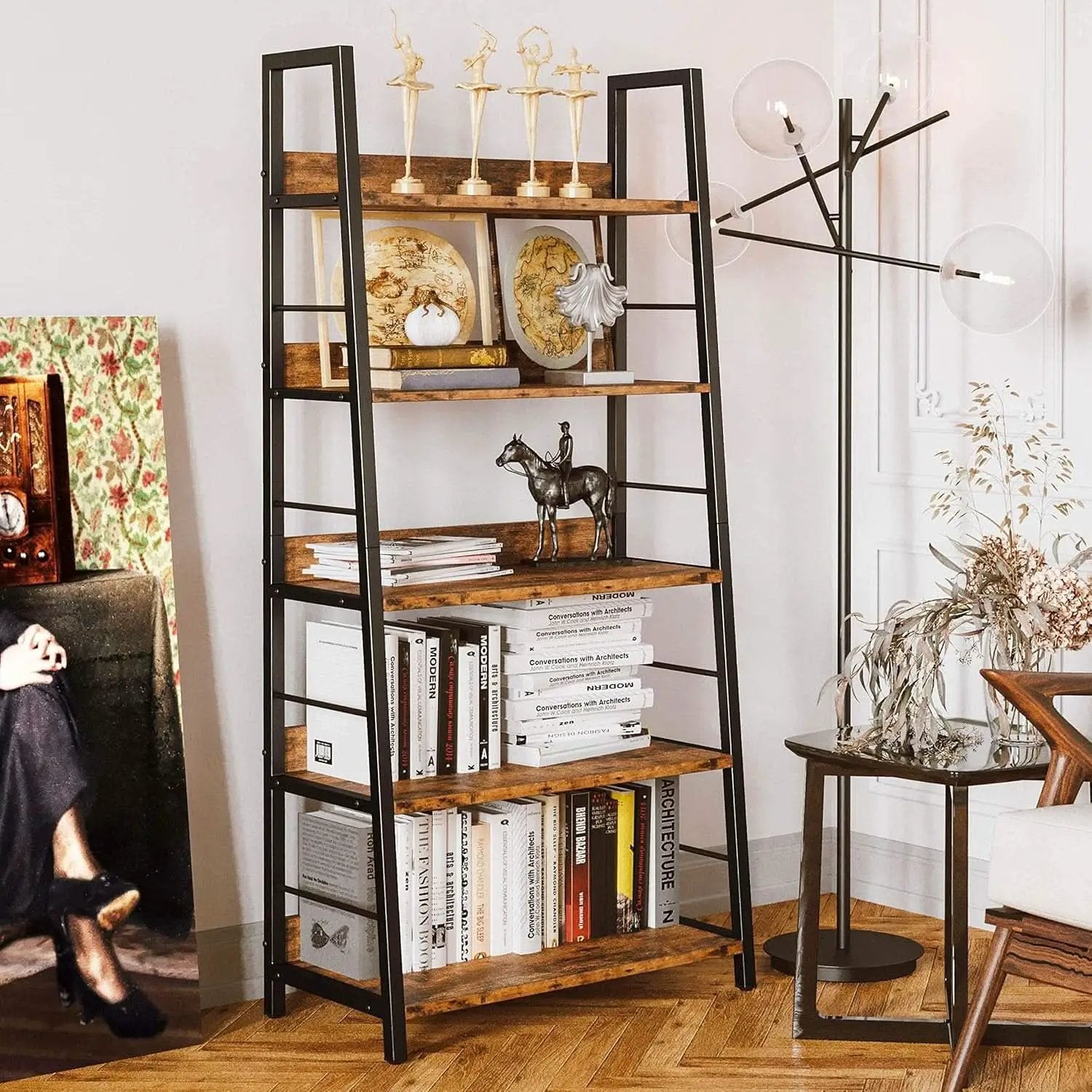 Industrial Ladder Shelf 5 Tier Bookshelf Rustic Brown from PriceLows™