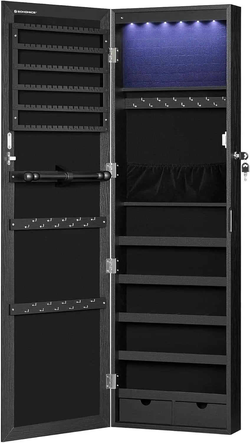 47.2 Inch Tall Black Lockable Mirror Jewelry Cabinet from PriceLows™