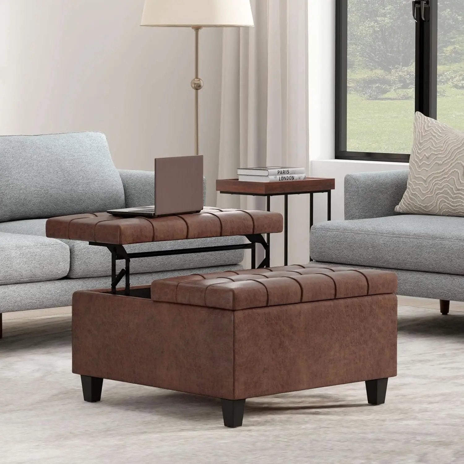 Storage Ottoman 30 Inch Distressed Saddle Brown Leatherette from PriceLows™
